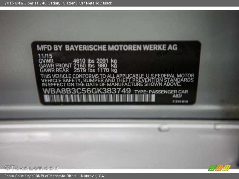 2016 3 Series 340i Sedan Glacier Silver Metallic Color Code A83