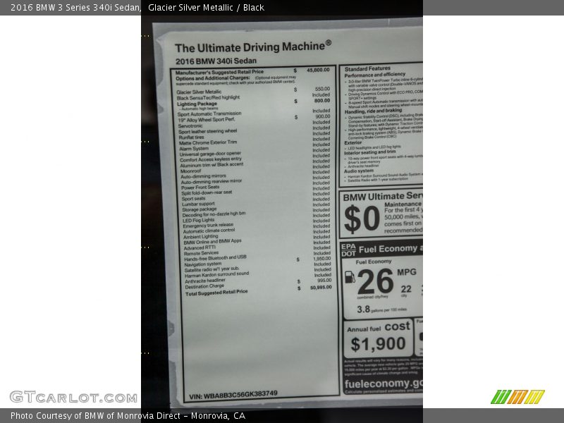  2016 3 Series 340i Sedan Window Sticker