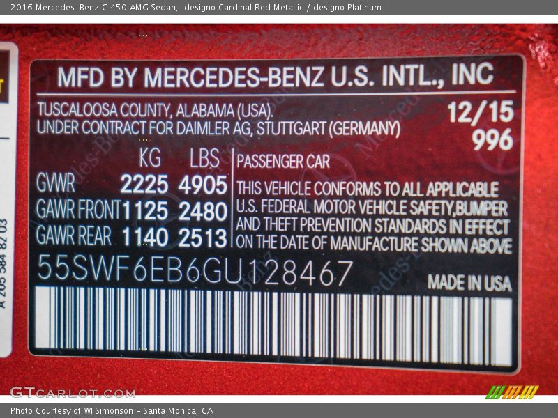 2016 C 450 AMG Sedan designo Cardinal Red Metallic Color Code 996