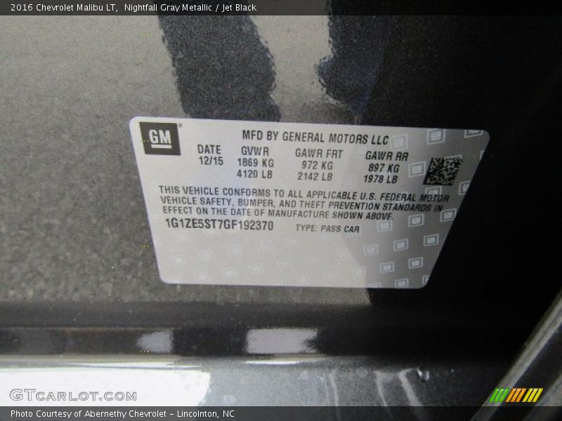 Nightfall Gray Metallic / Jet Black 2016 Chevrolet Malibu LT