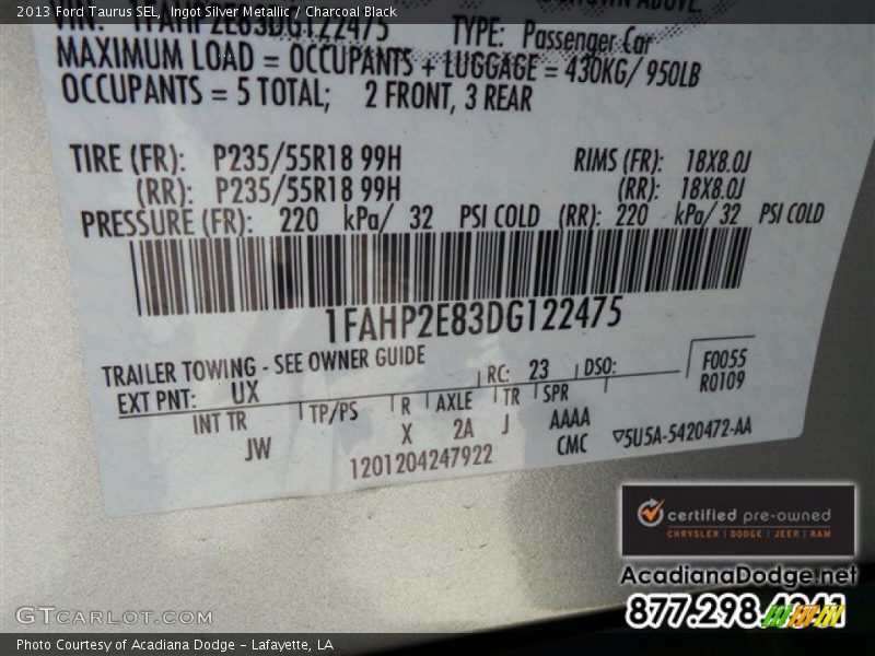 Ingot Silver Metallic / Charcoal Black 2013 Ford Taurus SEL