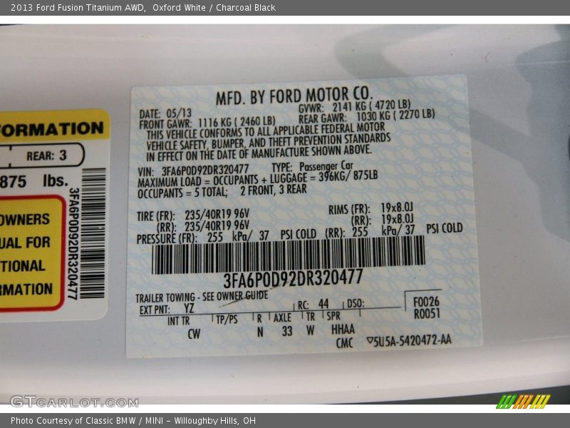 Oxford White / Charcoal Black 2013 Ford Fusion Titanium AWD