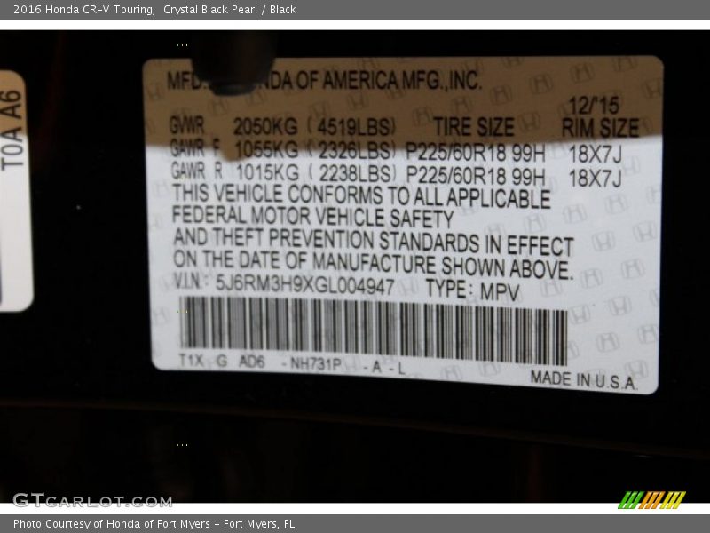 Crystal Black Pearl / Black 2016 Honda CR-V Touring
