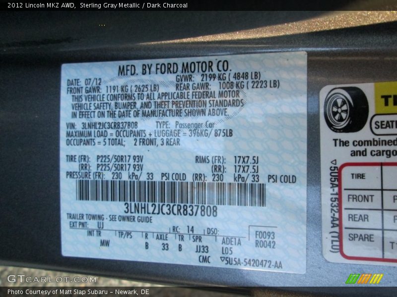 Sterling Gray Metallic / Dark Charcoal 2012 Lincoln MKZ AWD