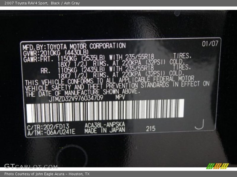 Black / Ash Gray 2007 Toyota RAV4 Sport