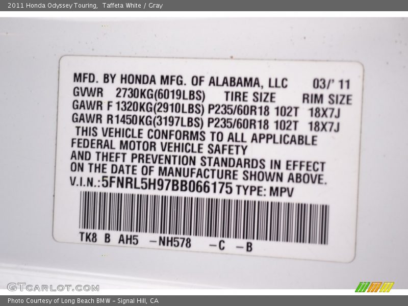 Taffeta White / Gray 2011 Honda Odyssey Touring