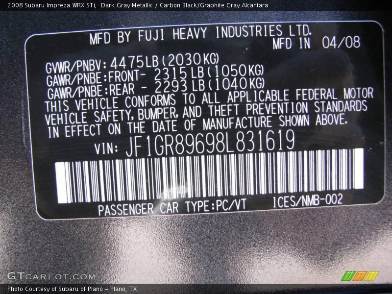 Dark Gray Metallic / Carbon Black/Graphite Gray Alcantara 2008 Subaru Impreza WRX STi