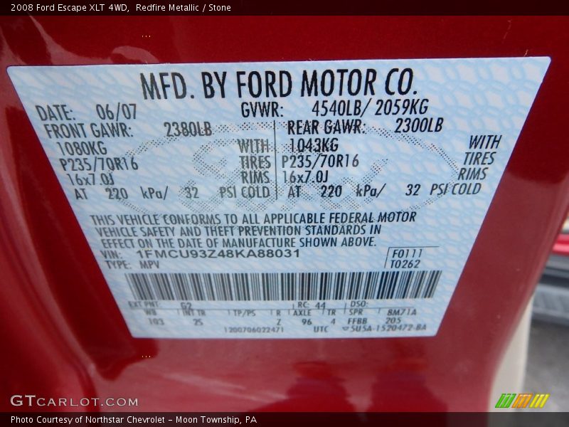 Redfire Metallic / Stone 2008 Ford Escape XLT 4WD