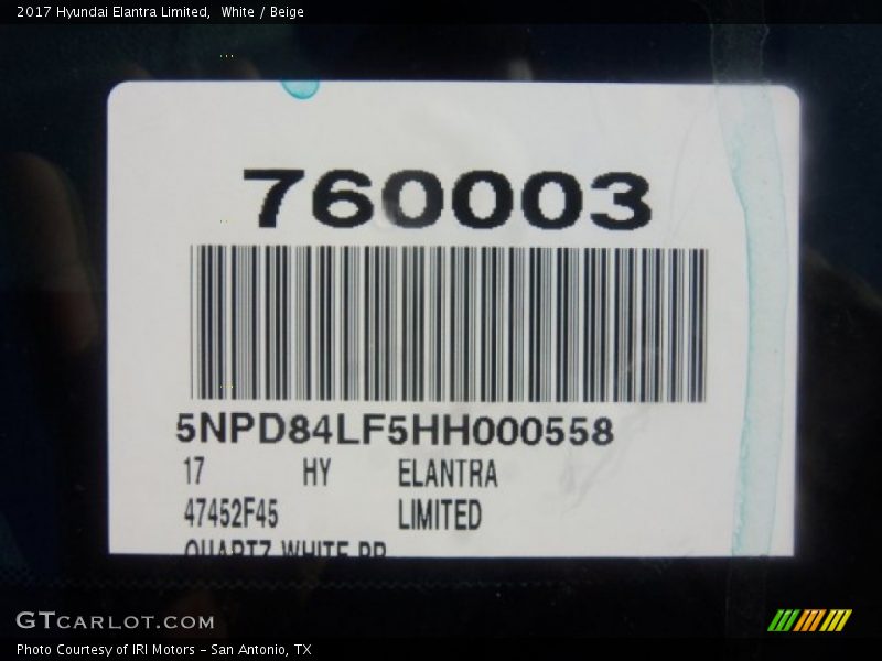 White / Beige 2017 Hyundai Elantra Limited