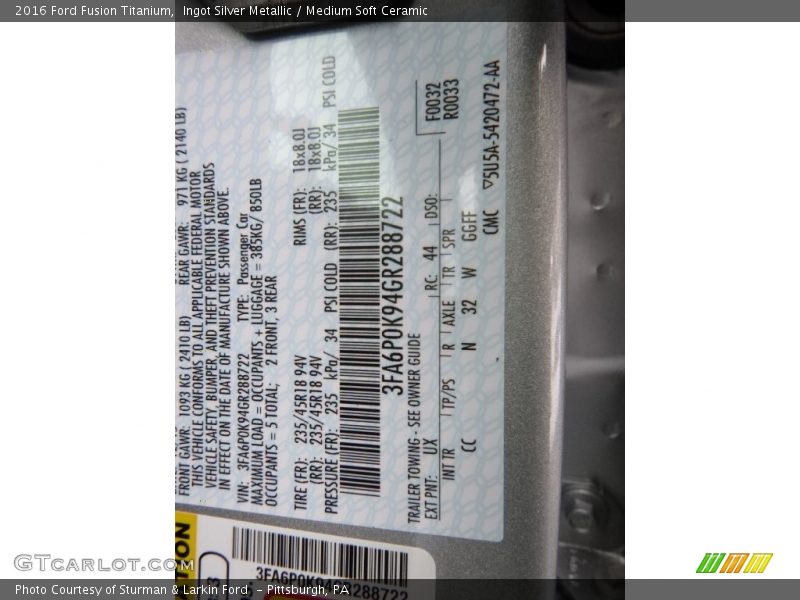 Ingot Silver Metallic / Medium Soft Ceramic 2016 Ford Fusion Titanium