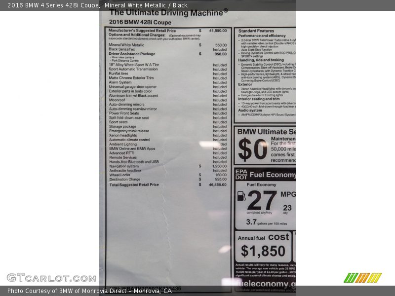 Mineral White Metallic / Black 2016 BMW 4 Series 428i Coupe
