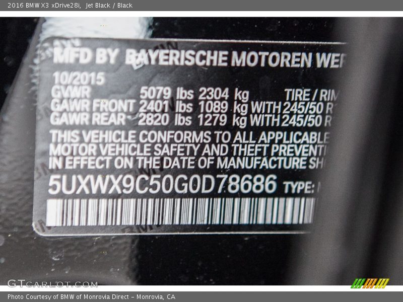 Jet Black / Black 2016 BMW X3 xDrive28i