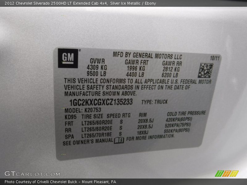 Silver Ice Metallic / Ebony 2012 Chevrolet Silverado 2500HD LT Extended Cab 4x4