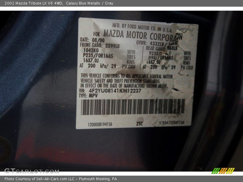 Galaxy Blue Metallic / Gray 2001 Mazda Tribute LX V6 4WD