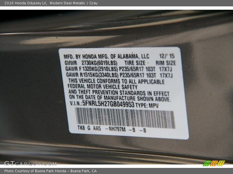 Modern Steel Metallic / Gray 2016 Honda Odyssey LX