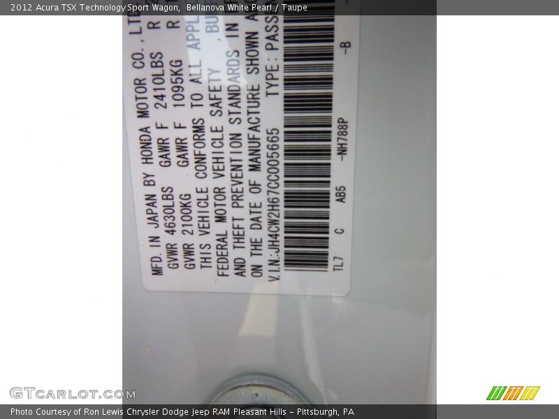 Bellanova White Pearl / Taupe 2012 Acura TSX Technology Sport Wagon
