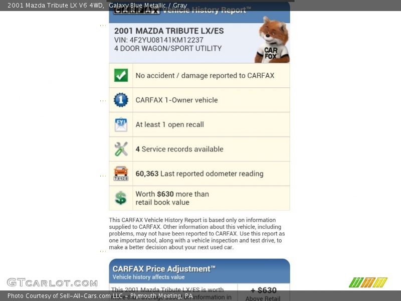Galaxy Blue Metallic / Gray 2001 Mazda Tribute LX V6 4WD