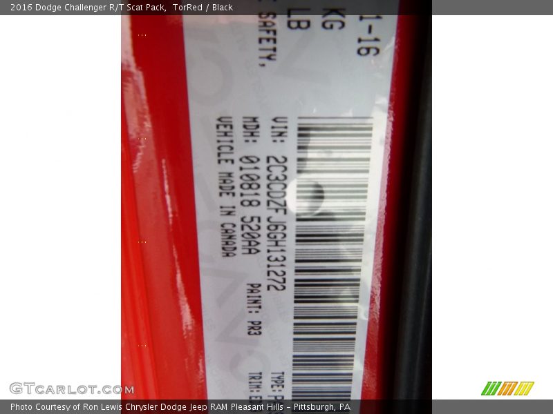 2016 Challenger R/T Scat Pack TorRed Color Code PR3