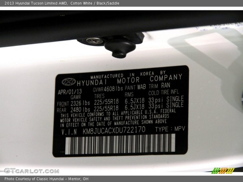Cotton White / Black/Saddle 2013 Hyundai Tucson Limited AWD