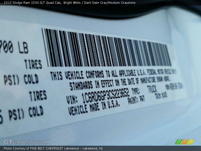 Bright White / Dark Slate Gray/Medium Graystone 2012 Dodge Ram 1500 SLT Quad Cab