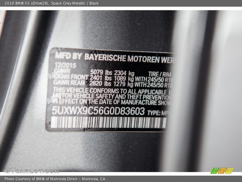 Space Grey Metallic / Black 2016 BMW X3 xDrive28i