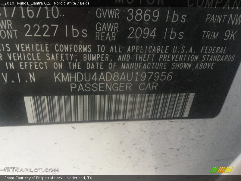 Nordic White / Beige 2010 Hyundai Elantra GLS