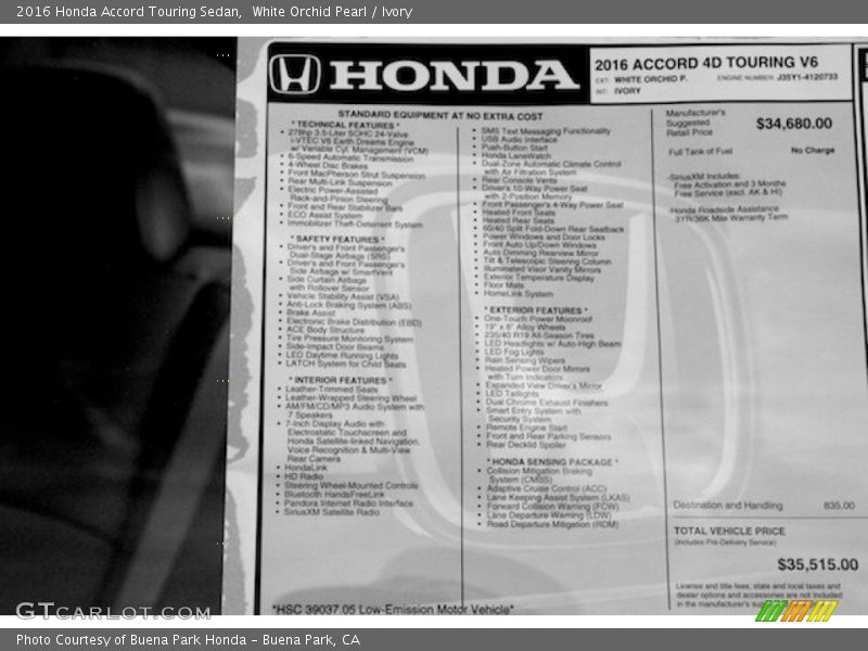 White Orchid Pearl / Ivory 2016 Honda Accord Touring Sedan