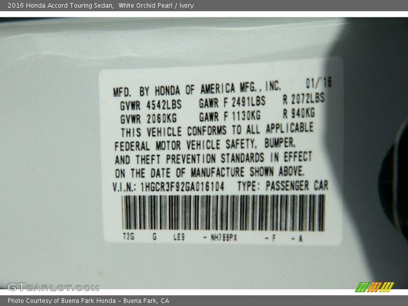 White Orchid Pearl / Ivory 2016 Honda Accord Touring Sedan