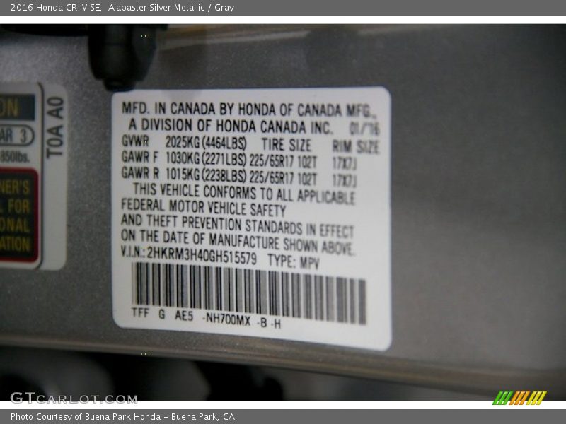 Alabaster Silver Metallic / Gray 2016 Honda CR-V SE