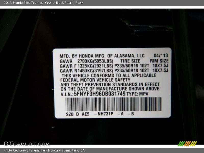 Crystal Black Pearl / Black 2013 Honda Pilot Touring