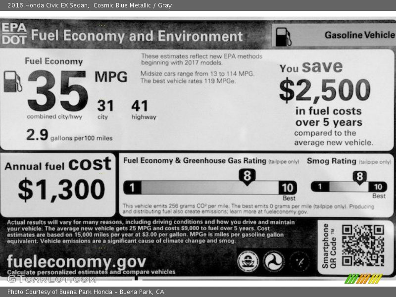 Cosmic Blue Metallic / Gray 2016 Honda Civic EX Sedan