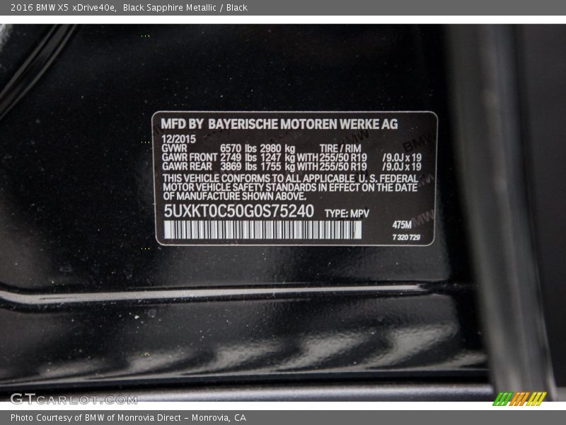 2016 X5 xDrive40e Black Sapphire Metallic Color Code 475