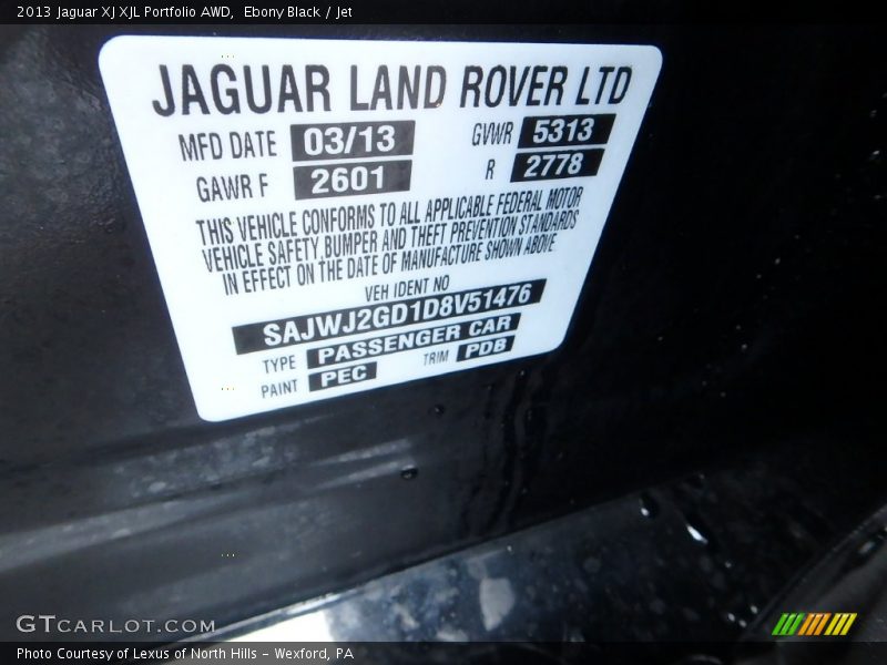 Ebony Black / Jet 2013 Jaguar XJ XJL Portfolio AWD