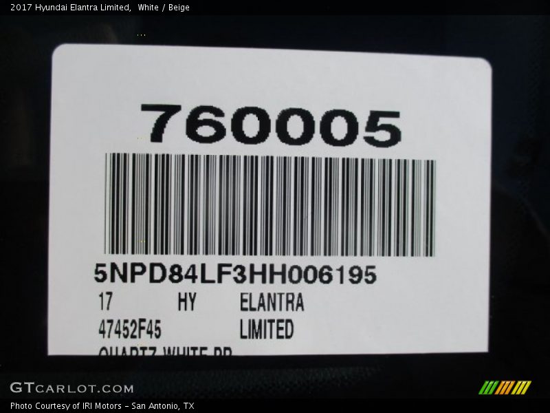White / Beige 2017 Hyundai Elantra Limited
