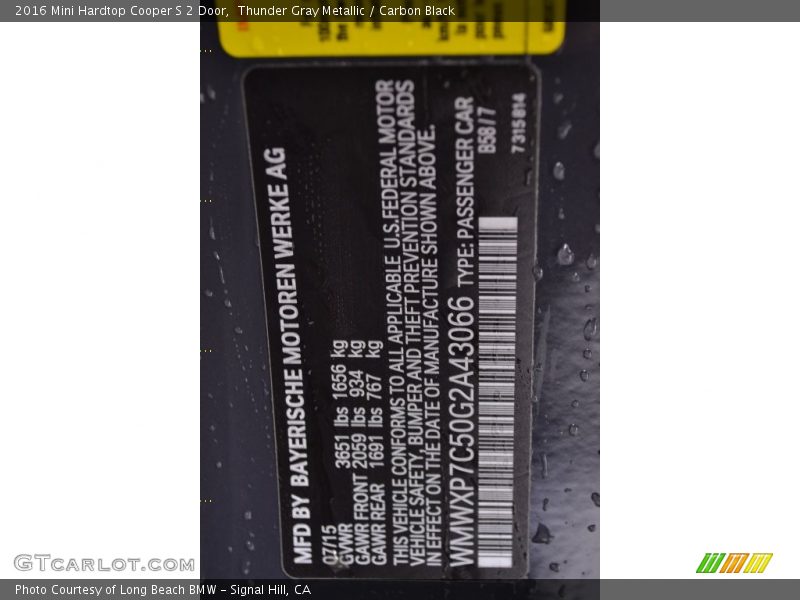 2016 Hardtop Cooper S 2 Door Thunder Gray Metallic Color Code B58