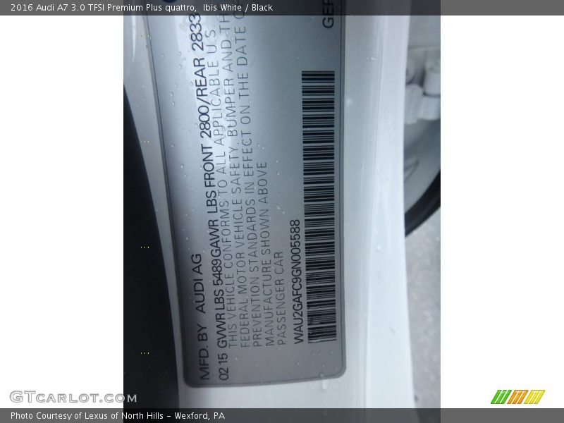 Ibis White / Black 2016 Audi A7 3.0 TFSI Premium Plus quattro