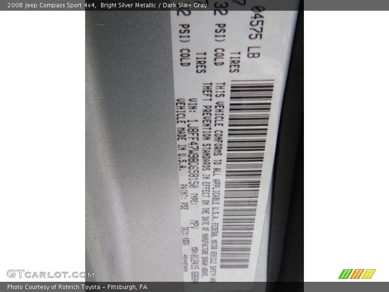 Bright Silver Metallic / Dark Slate Gray 2008 Jeep Compass Sport 4x4