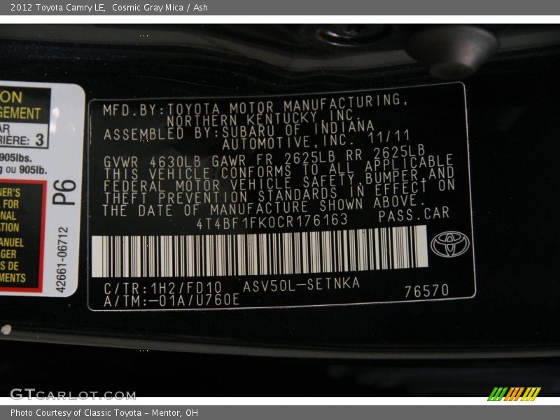 Cosmic Gray Mica / Ash 2012 Toyota Camry LE