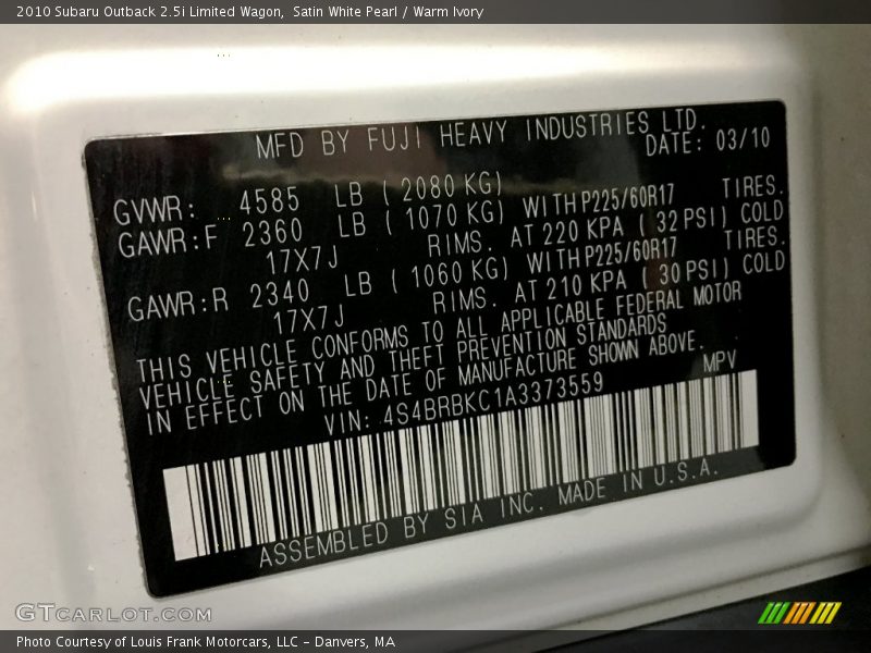 Satin White Pearl / Warm Ivory 2010 Subaru Outback 2.5i Limited Wagon