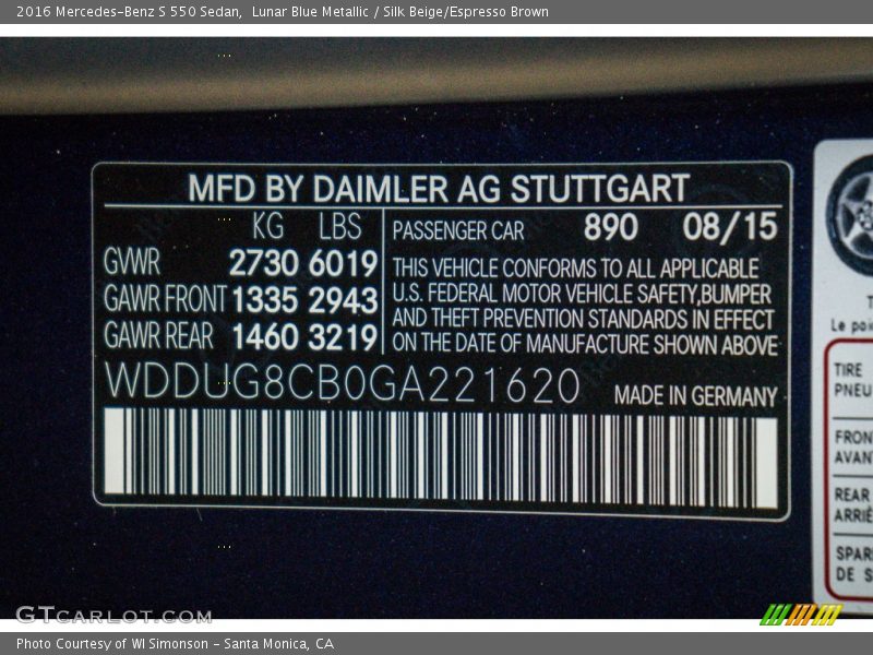 Lunar Blue Metallic / Silk Beige/Espresso Brown 2016 Mercedes-Benz S 550 Sedan