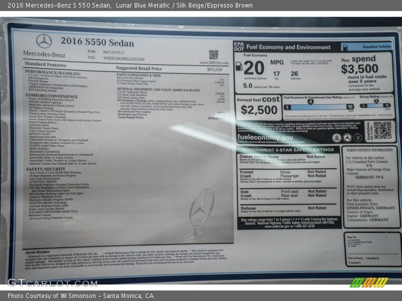 Lunar Blue Metallic / Silk Beige/Espresso Brown 2016 Mercedes-Benz S 550 Sedan
