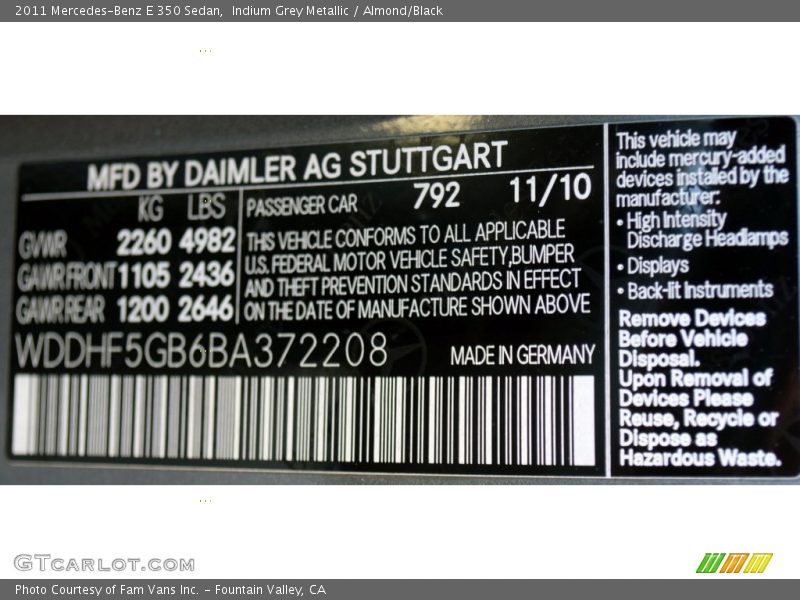 Indium Grey Metallic / Almond/Black 2011 Mercedes-Benz E 350 Sedan