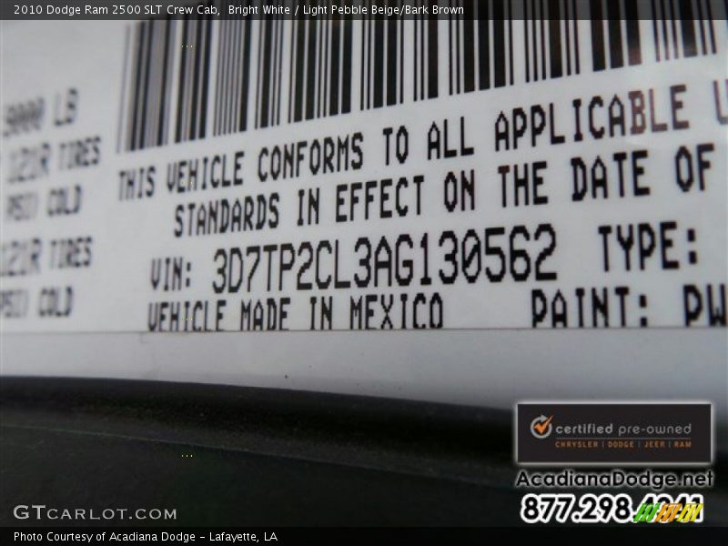 Bright White / Light Pebble Beige/Bark Brown 2010 Dodge Ram 2500 SLT Crew Cab