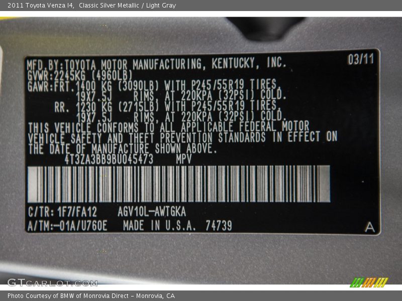 Classic Silver Metallic / Light Gray 2011 Toyota Venza I4