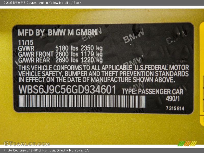 2016 M6 Coupe Austin Yellow Metallic Color Code 490