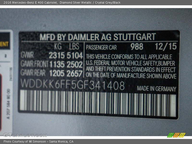 Diamond Silver Metallic / Crystal Grey/Black 2016 Mercedes-Benz E 400 Cabriolet