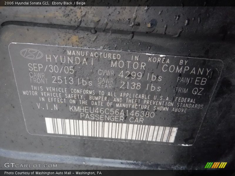 Ebony Black / Beige 2006 Hyundai Sonata GLS