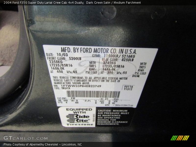 Dark Green Satin / Medium Parchment 2004 Ford F350 Super Duty Lariat Crew Cab 4x4 Dually