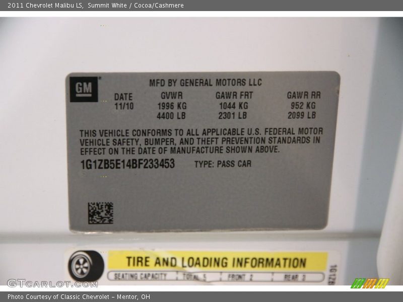 Summit White / Cocoa/Cashmere 2011 Chevrolet Malibu LS