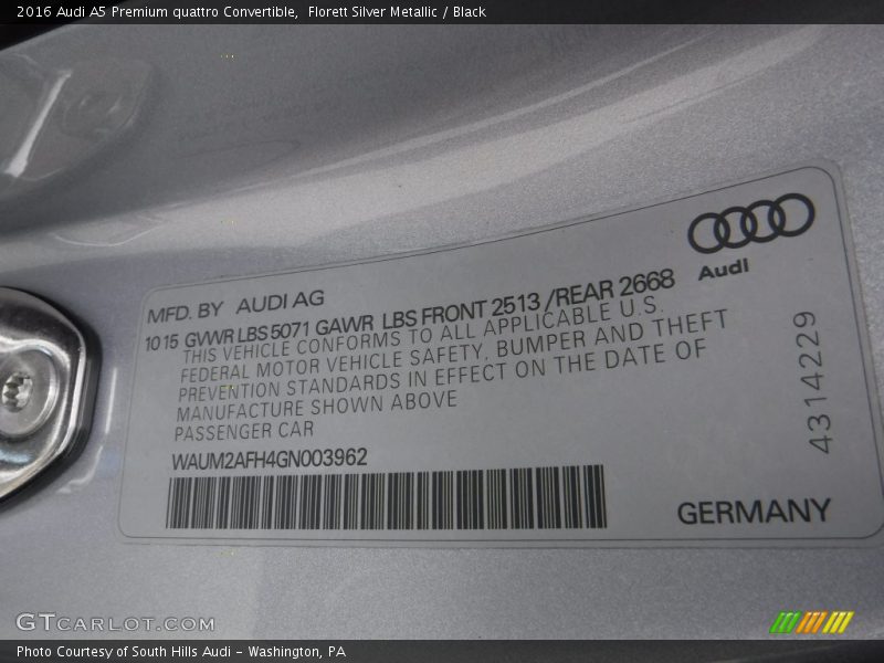 Florett Silver Metallic / Black 2016 Audi A5 Premium quattro Convertible